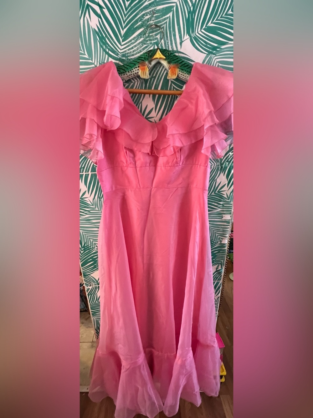 Vintage jcpenney Pink chiffon Ruffled Maxi Dress w/ Fitted waist prom fairy core